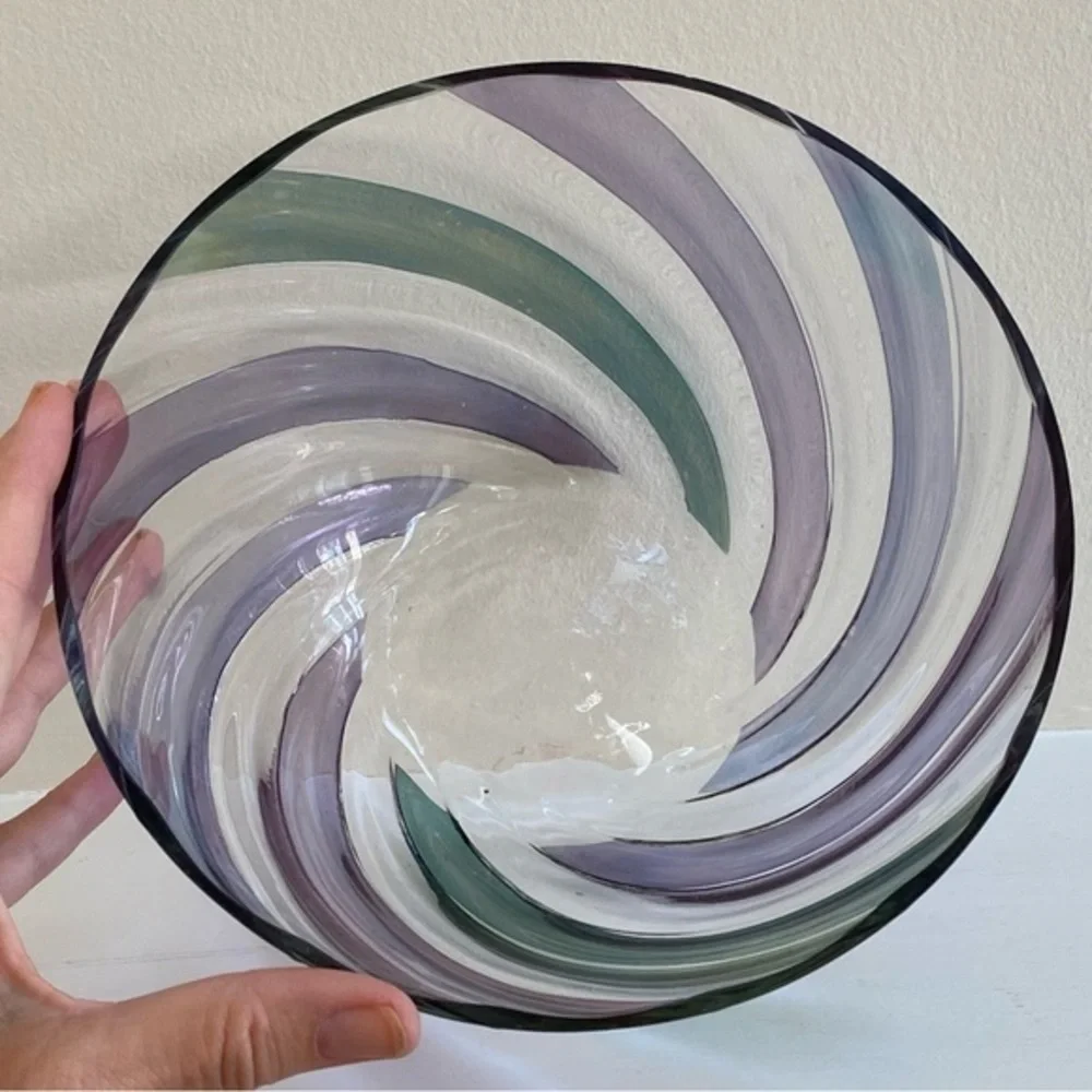 Crate&Barrel Lead Crystal Glass Blue Purple and Green Ribbon Decor Bowl